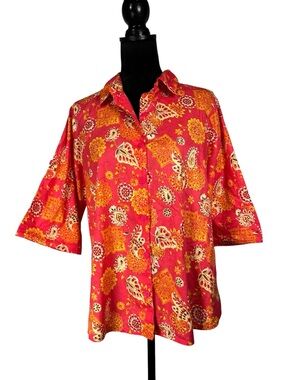 Norm Thompson Orange Hawaiian Shirt Floral Print Button-Up Top Women's PL